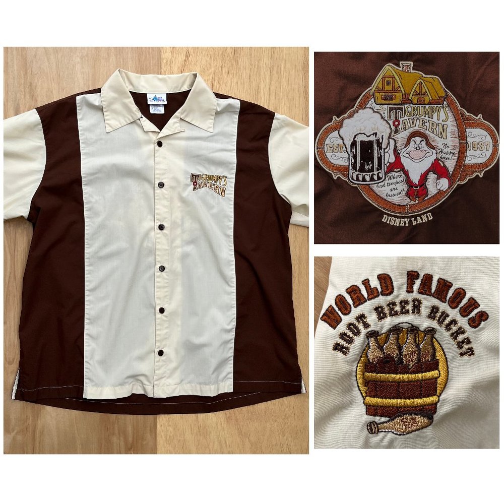 VTG DISNEYLAND RESORT GRUMPY’S TAVERN Men’s Brown Yellow Short Sleeve Shirt XL